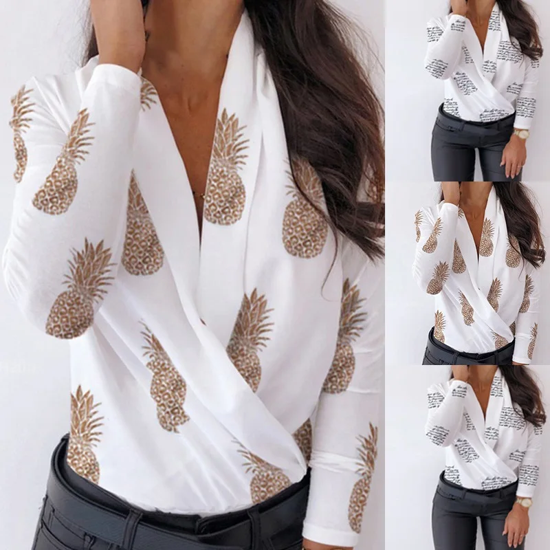 

Hot Hot Sale Spring And Autumn Women Pineapple Print Loose Shirt Casual V-neck Long Sleeve Shirt