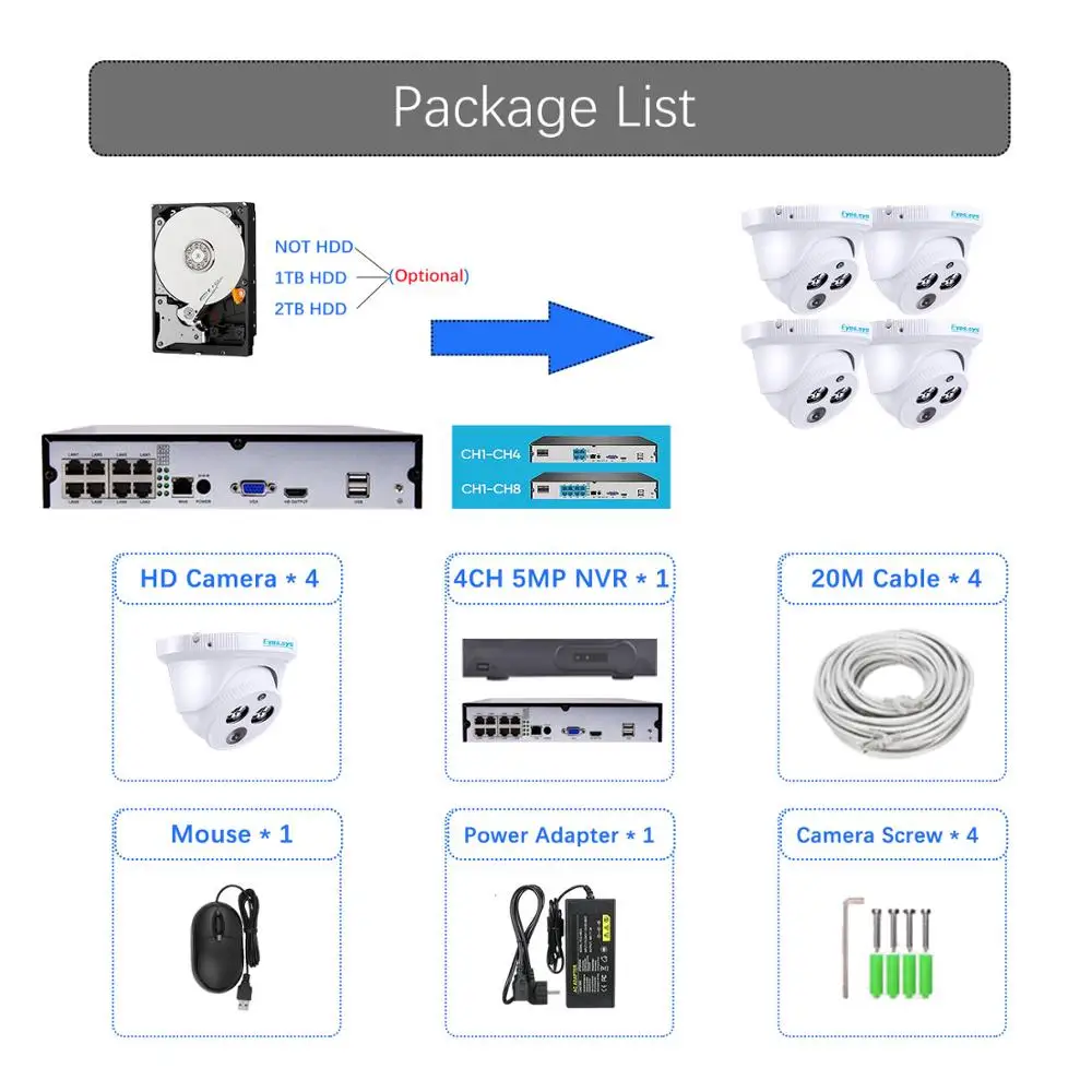 Eyessys H.265 4 шт. 3.0MP 2048*1520P ИК наружная IP камера ночного видения CCTV POE HDMI NVR P2P система