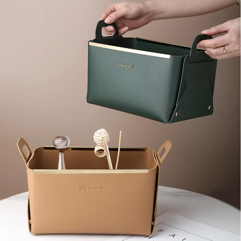 PU Leather Storage Basket Home Desktop Finishing Foldable Cosmetic Container High Capacity with Handle Sundry Key Tray | Дом и сад
