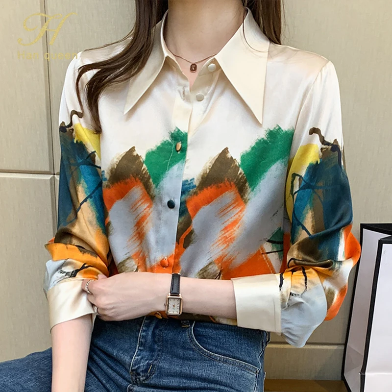 

H Han Queen Office Lady Blusa Turn-down Collar Vintage Print Tops New Elegant Chiffon Women Blouses Long Sleeve Casual Shirts
