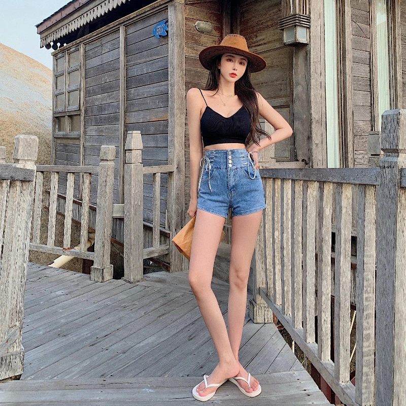 

Kimotimo Women Jeans Shorts 2021 Summer Fashion All-match Single Breasted Side Bandage Empire Denim Shorts Ins Thin Hot Pants