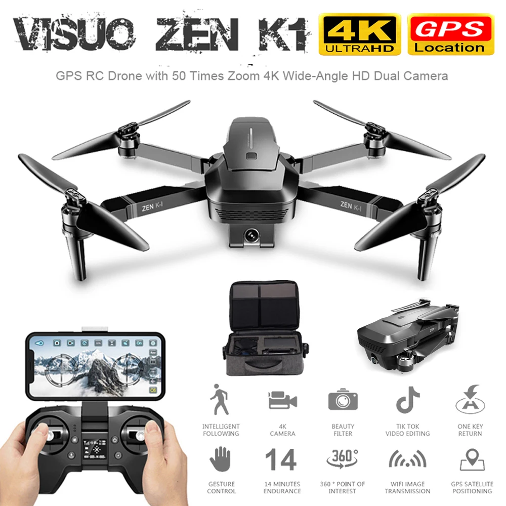

ZEN VISUO K1 RC Zangão GPS com 50 Vezes Zoom lente Grande-Angular HD Dual Camera WIFI FPV Quadcopter Brushless motor de Vôo 28mi