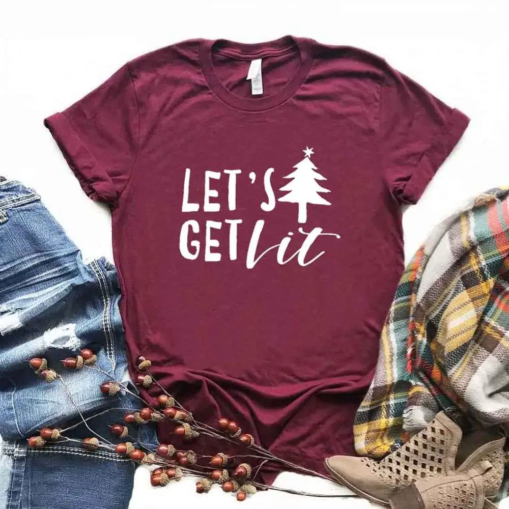 

Let's Get Lit Christmas Funny Letter Aesthetic Female Clothing Fashion Cotton O Neck T-shirt Casual Shirt Short Sleeve Top Tees