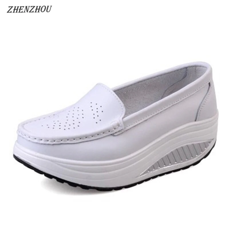 2019 spring genuine leather soft outsole work shoes female black swing woman plus size wedges single | Обувь