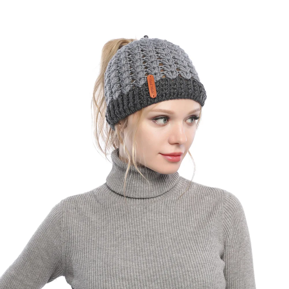 Europe, America, autumn and winter, new, matching, hole, cap, cap, empty top, knitted wool cap, ponytail cap, warm hat