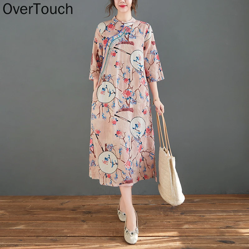 

Plus Size Women Summer Dress Sundrerss Chinese Style Elegant Lady Vestidos Floral Print Cotton Linen Loose Clothing 2021