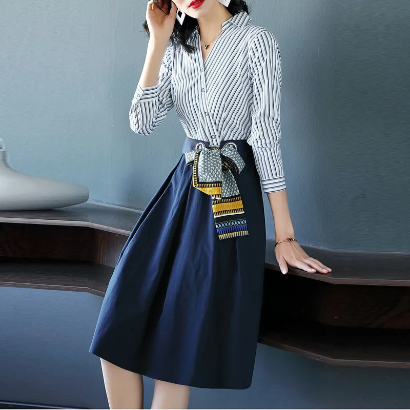 Женское платье рубашка в полоску повседневное ТРАПЕЦИЕВИДНОЕ ПЛАТЬЕ С V образным