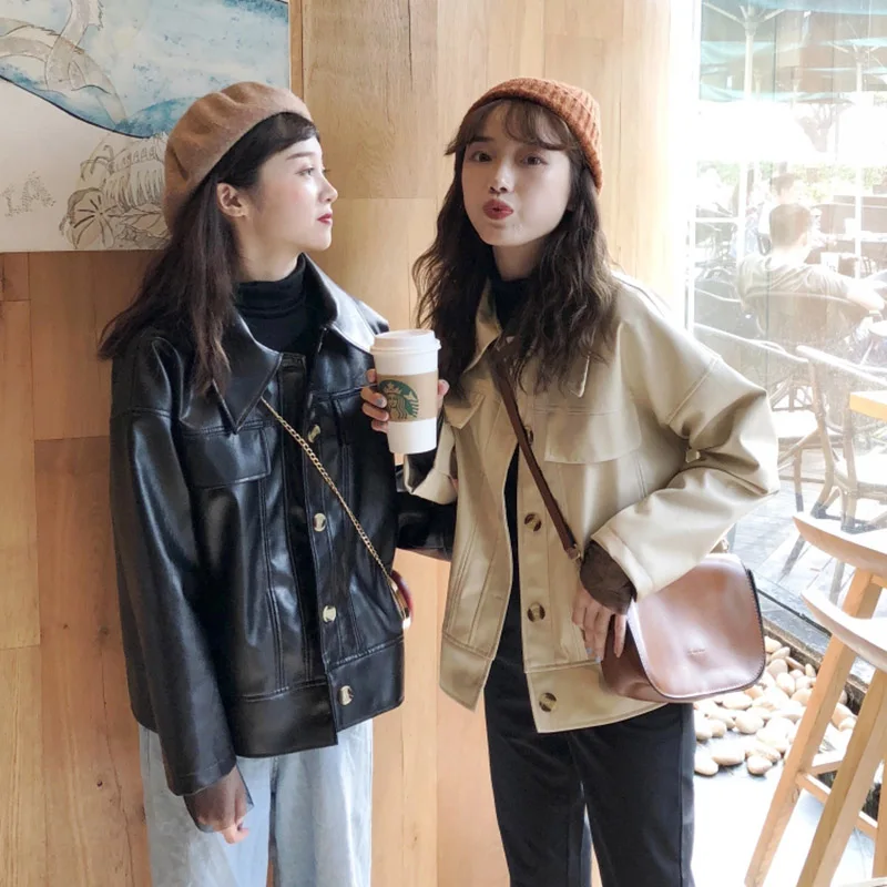 2019 корейская модная Женская осенне зимняя Черная куртка из искусственной кожи