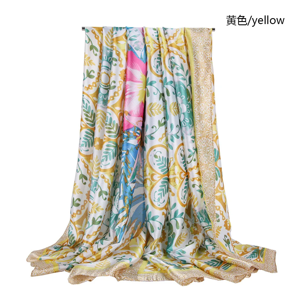 

90X180cm Polyester Artificial Silk Satin Floral Pattern Ethnic Bohemian Beach Towel Thin Shawl Scarf Muslim Hijab for Women