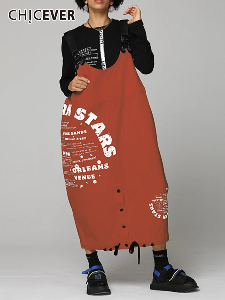 

CHICEVER Sexy Letter Graphic Sling Dress For Women Round Neck Sleeveless Loose Waist Denim Midi Dresses Female 2022 Clothing New