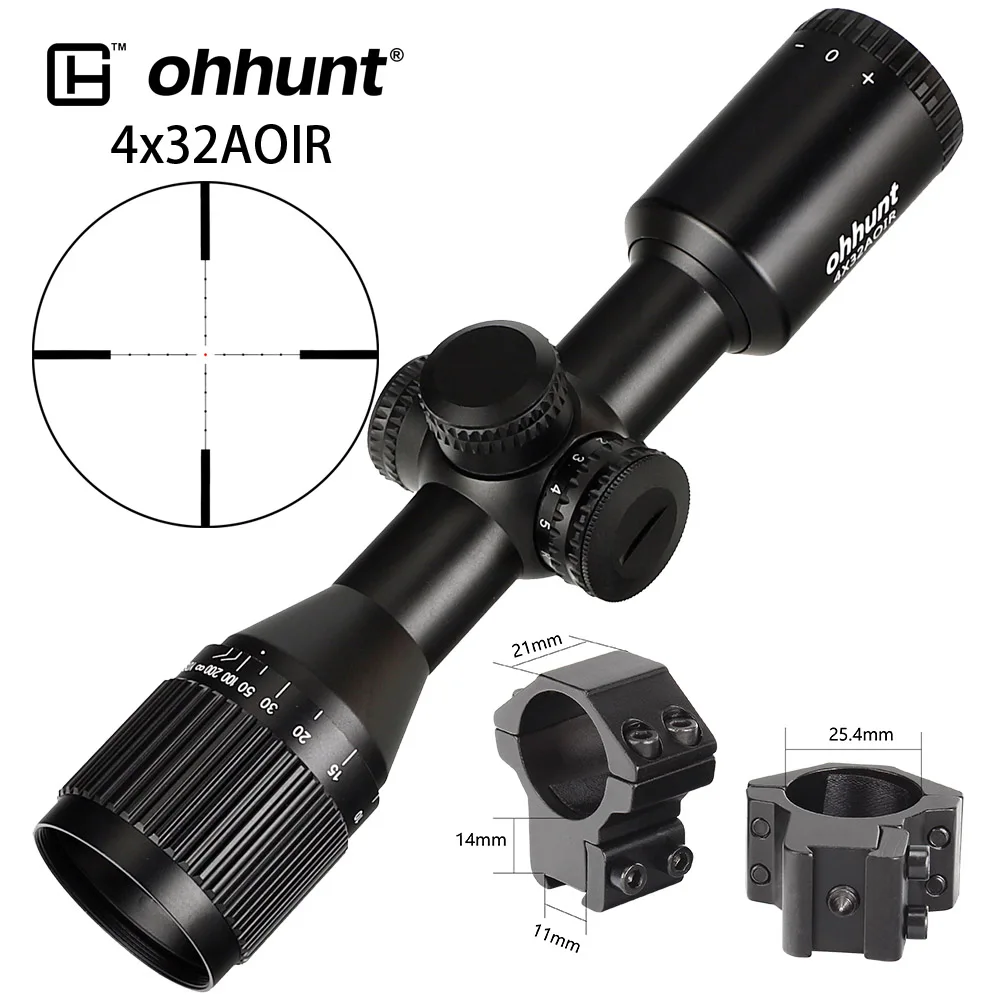 with Dovetail Rings Охота ohhunt 4X32 AOIR Компактный Тактический широкий угол оптические прицелы Mil точка с подсветкой Стекло гравированная сетка Оптика прицел - Цвет: with Dovetail Rings