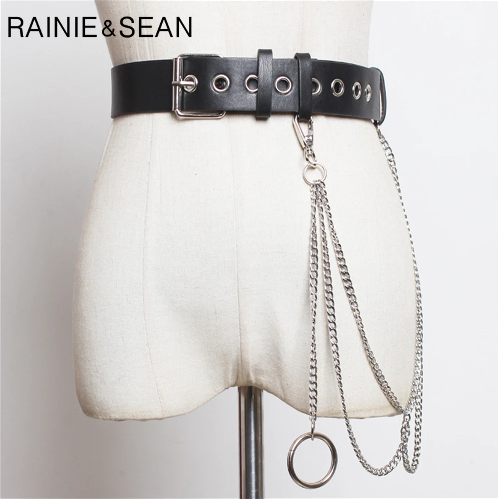 RAINIE SEAN Punk Women Belt with Chain Rivet Pin Buckle Ladies Waist Belt Apparel Accessories 101cm