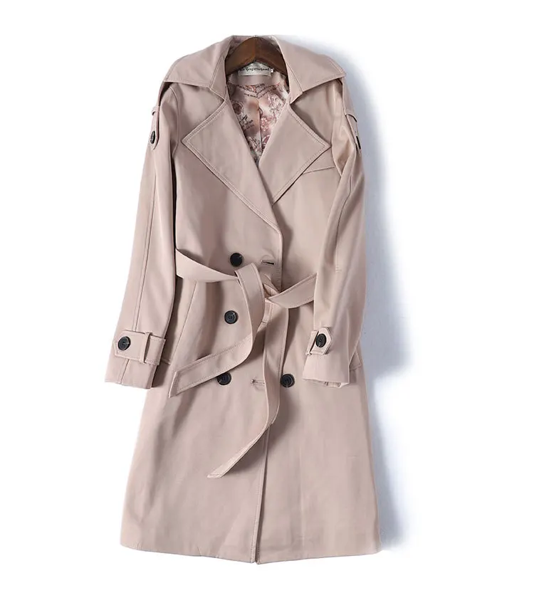 

2020 spring slim fit wild waist solid color long sleeve large lapel mid-length women's trench coat