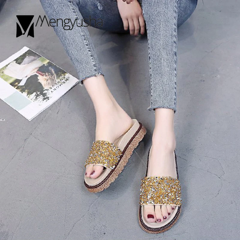 Сандалии женские с открытым носком босоножки на мягкой подошве блестками и