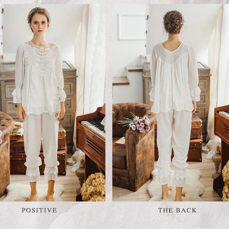 2 pieces women sleepwear French count wind Pajamas set cotton pajamas for female lace Princess bow home service Romatic suit