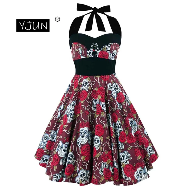 Женское платье 5XL размера плюс с цветочным принтом черепом и открытыми плечами