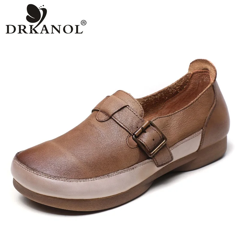 

DRKANOL Spring Women Genuine Cow Leather Loafers Slip On Flat Shoes Ladies Mixed Colors Shallow Retro Soft Bottom Single Shoes