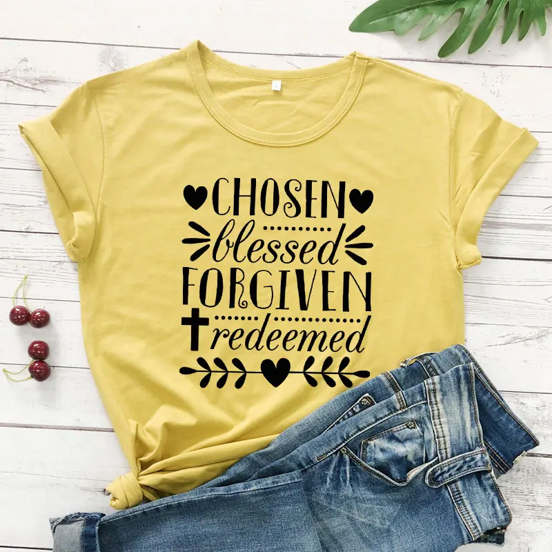 

Chosen Blessed Forgiven Redeemed T-Shirt Women Casual Funny Stylish Tee Christian Graphic Religipus Tops Bible Verse art Outfits