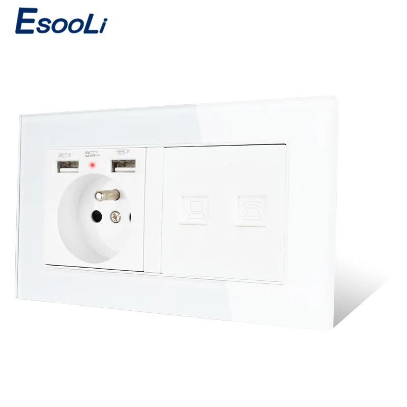 ESOOLI стеклянная панель французская стандартная розетка с 2 usb-портом для зарядки +