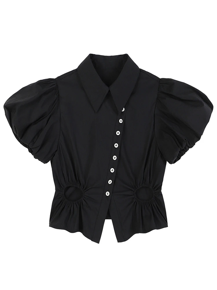 

[EAM] Women Black Hollow Out Short Blouse New Lapel Short Puff Sleeve Loose Fit Shirt Fashion Tide Spring Summer 2021 1DE0483