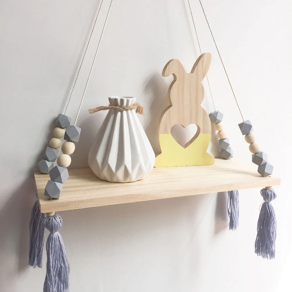 

Nordic Style Wall Clapboard Colorful Bead Tassel Wooden Wall Shelf Storage Decor Children Room Kids Clothing Store Display Stand