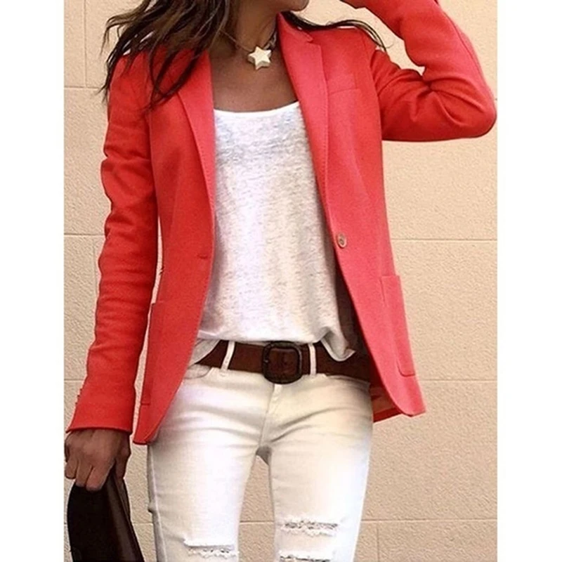 

2021 Blazer Feminino Women Blazer Formal Blazers Lady Office Work Suit Pockets Women's Jacket Wine Red Slim Blazers