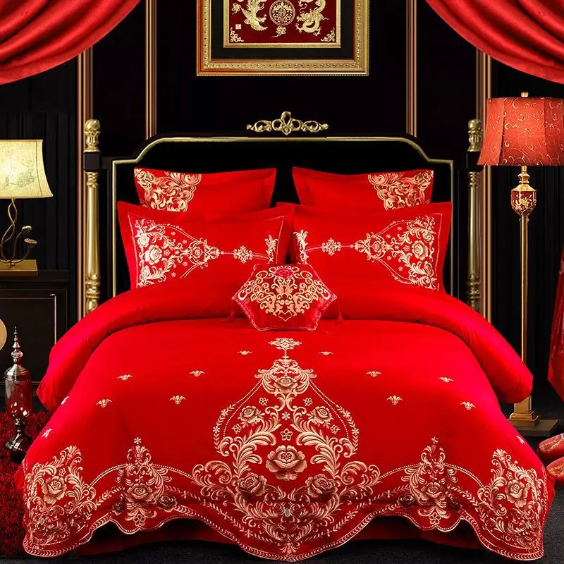 

Red J/7Pcs 100%Egyptian Cotton Comforter cover Golden Embroidery Luxury Bedding Sets Soft Bedclothes Queen King size Bed sheet