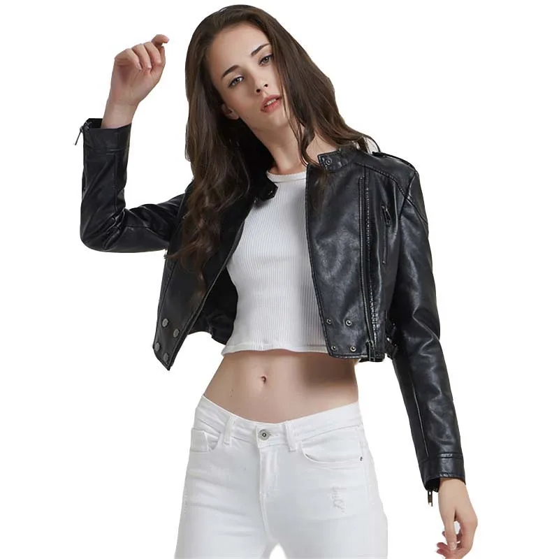 Slim Fit Cropped Slant Zipper Black Faux Leather Biker Jacket for Women Cute Girls Petite PU Leather Jacket Short Coat enlarge