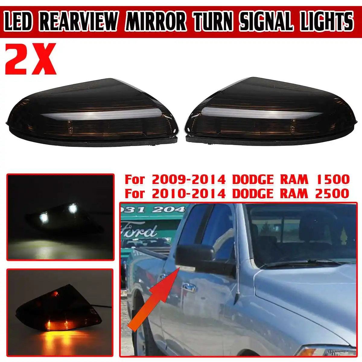 

2pcs LED Side Mirror Blinker Lamp for Dodge RAM 1500 2500 2009-2014 2010 Turn Signal Indicator Light DRL Daytime Running Lights