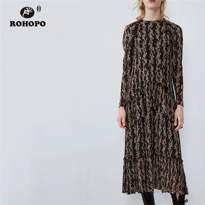 ROHOPO, круглый воротник, длинный рукав, каскадные, гофрированные, миди, черное платье, шея, пуговицы сзади, застежка, цветочный принт, элегантное, Vestido 9532