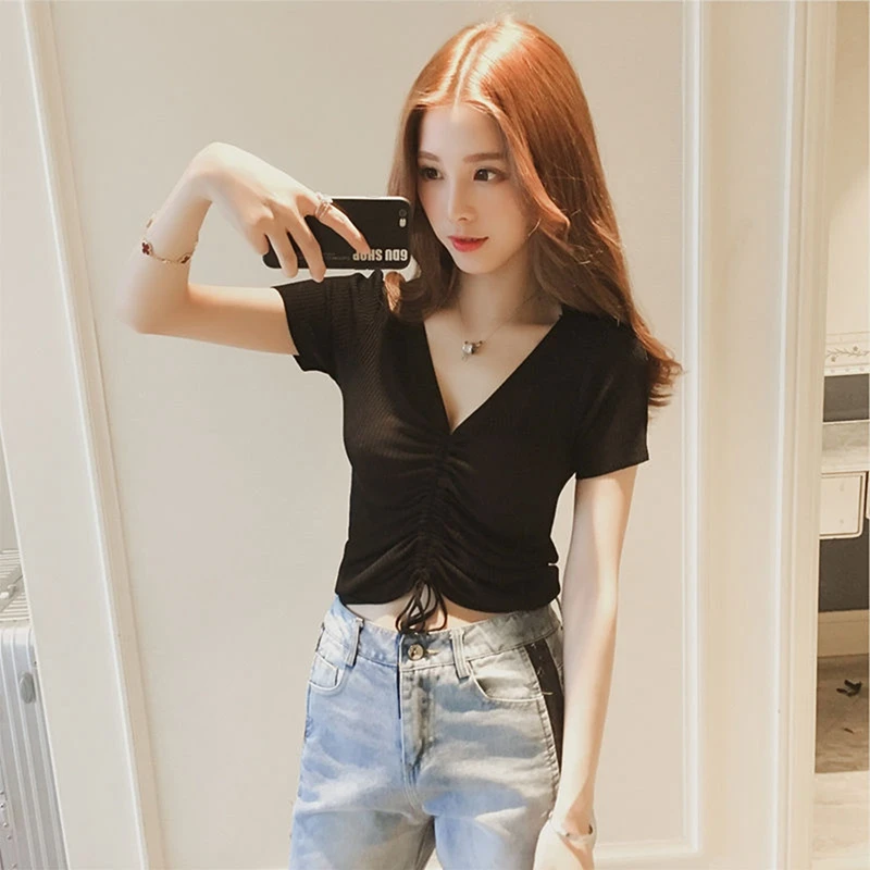 Women's Han Fan V-Neck Drawstring Slim Slim Skinny Sexy Short Tops Women's Short Sleeve T-Shirt