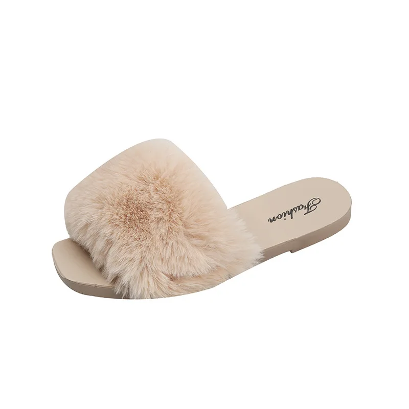 

New Ins Fashion Plush Shoes Women's Fashion Pure Color Simple Outer Wear Plush Slippers Indoor Home Plush Slippers