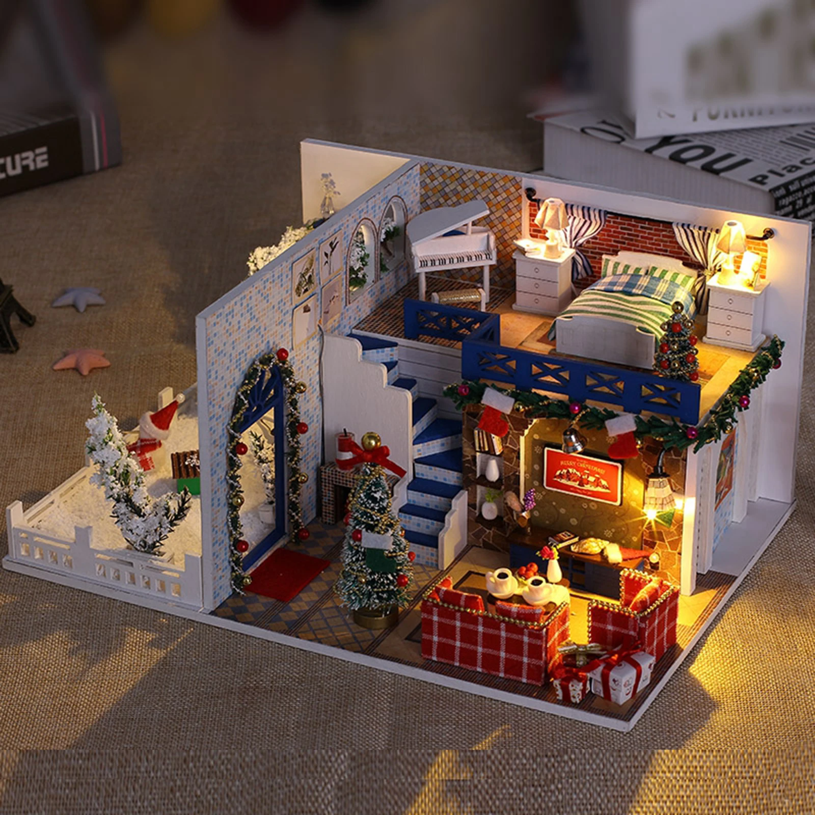 

DIY Dollhouse Miniature Furniture Kit Wood Doll House Toy W/LED Lights Kids Gift