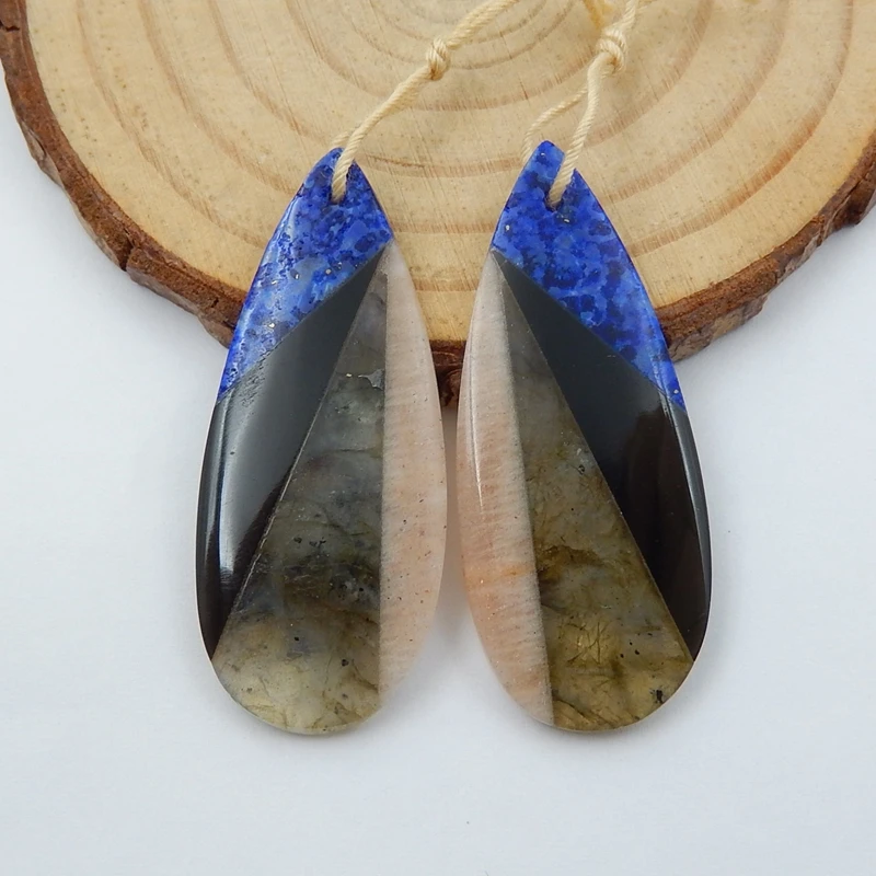 Серьги из натурального камня обсидиан лазурит лабрадорит розовый опал интарсия