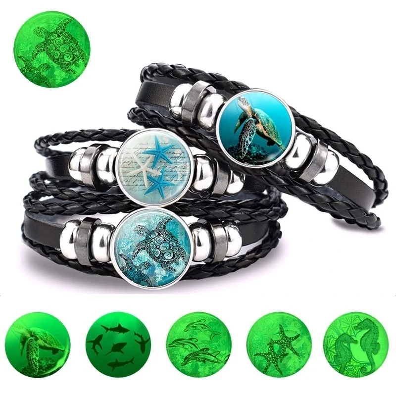 

Luminous Marine Animal Bracelet Sea Turtle Dolphin Starfish Black Leather Bracelet Marine Life Glow Bracelet Fashion Jewelry