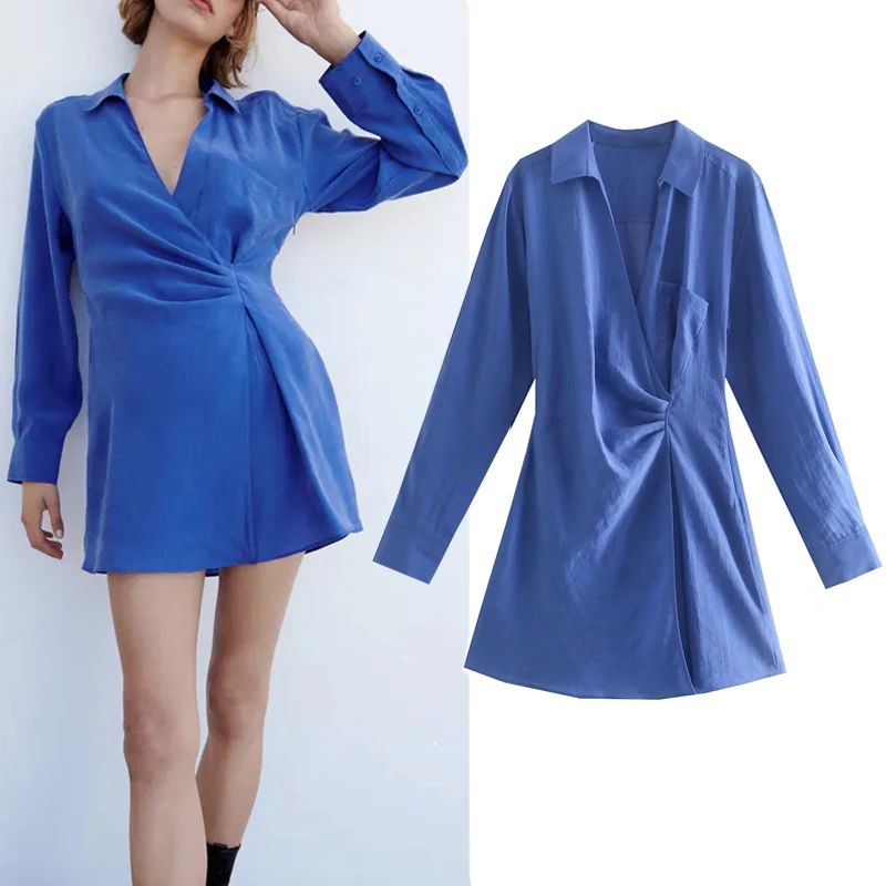 

Платье женское короткое, с запахом, с длинным рукавом, плиссированное, голубое, на осень, 2021