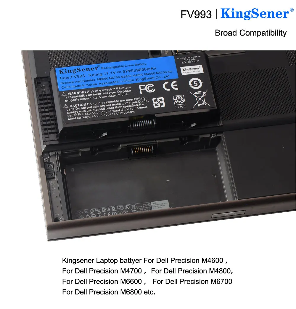 

KingSener FV993 Laptop Battery For DELL Precision M6600 M6700 M6800 M4800 M4600 M4700 FJJ4W PG6RC R7PND OTN1K5 11.1V 97WH