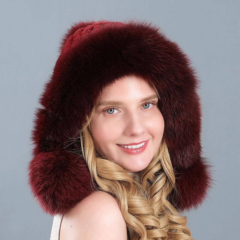 

Winter Real Mink Fur Hats For Women Fox Fur Pompom Ear Protect Caps Warm Lined Knitted Fur Beanies Fashion Russian Hat