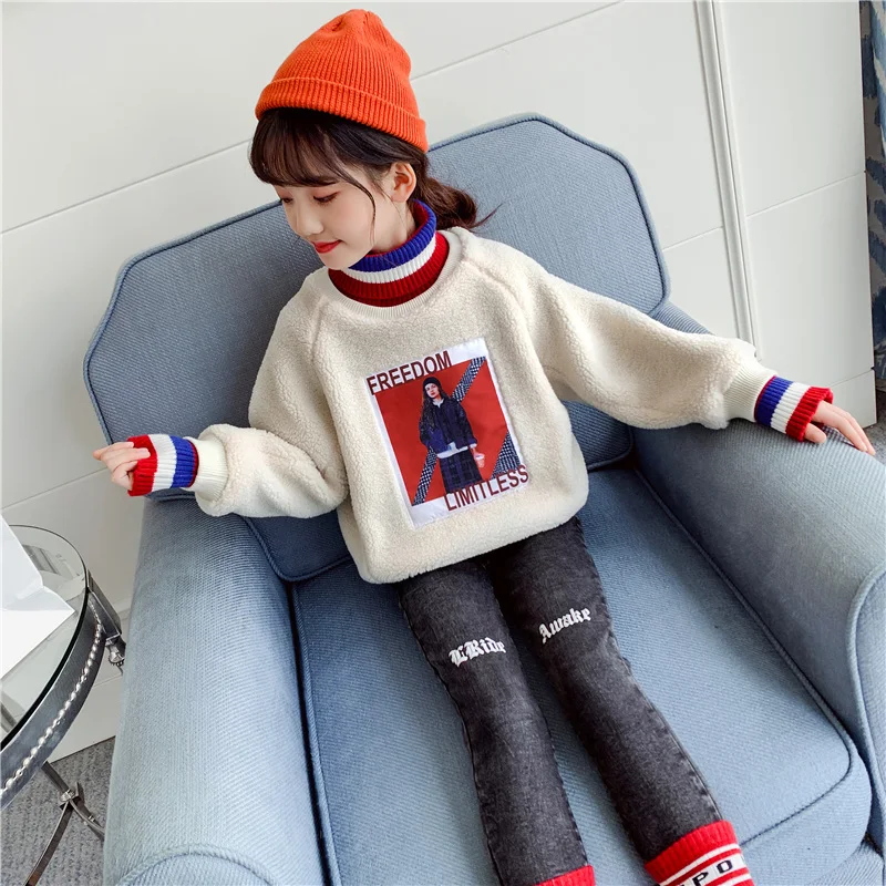 

Fashion Knitting Winter Warm Clothes Girls Sweater Kids Plus Velvet Toddler Teens Tops Thicken Children Cute Letter High Quality