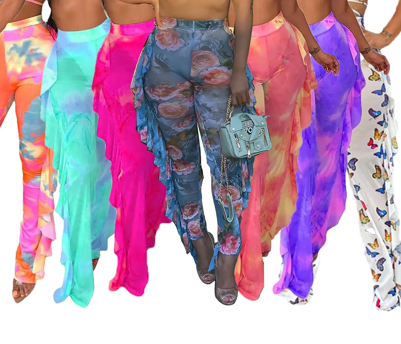 

High Waist Fitness Printed Leggings Women Fashion Mesh Ruffles Legging Beach Bodybuilding Trousers Women Pencil Pants No Under
