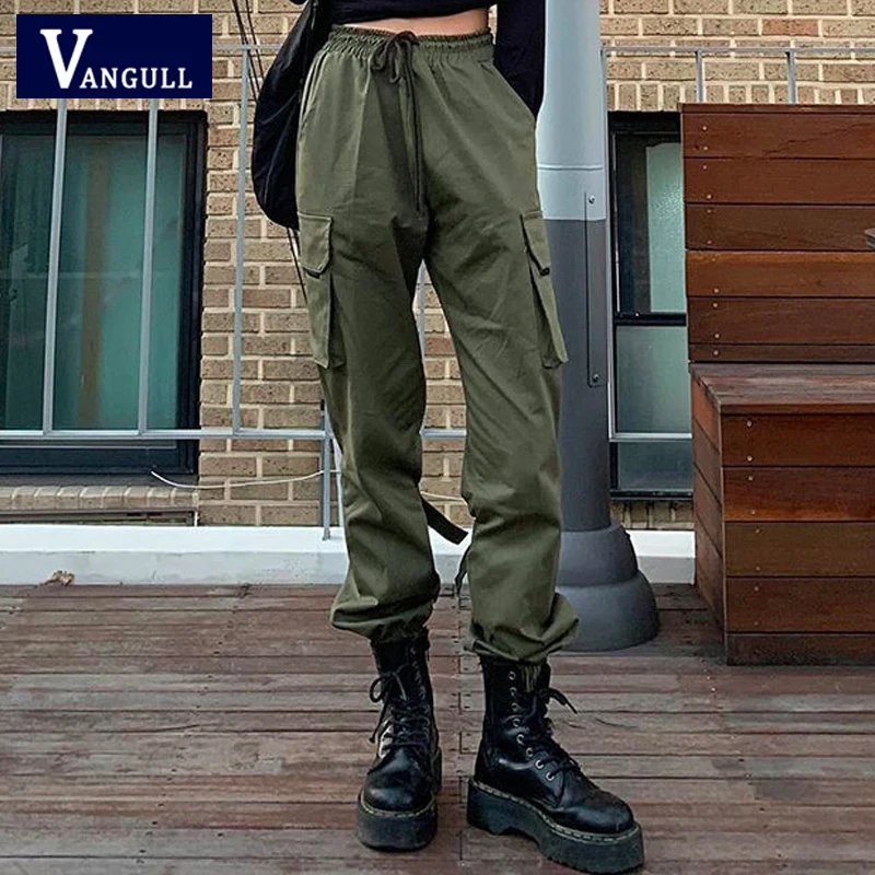 

Vangull Women Army Green Cargo Pants Women Spring Drawstring High Waist Pocket Loose Tie Feet Pants Casual Streetwear Trousers