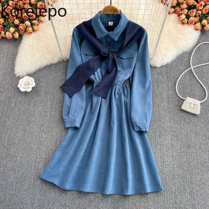 

Korejepo Corduroy Lapel Dress Female Spring and Autumn 2021 New Literature Art Retro Fashion Temperament Aging Shawl Dresses