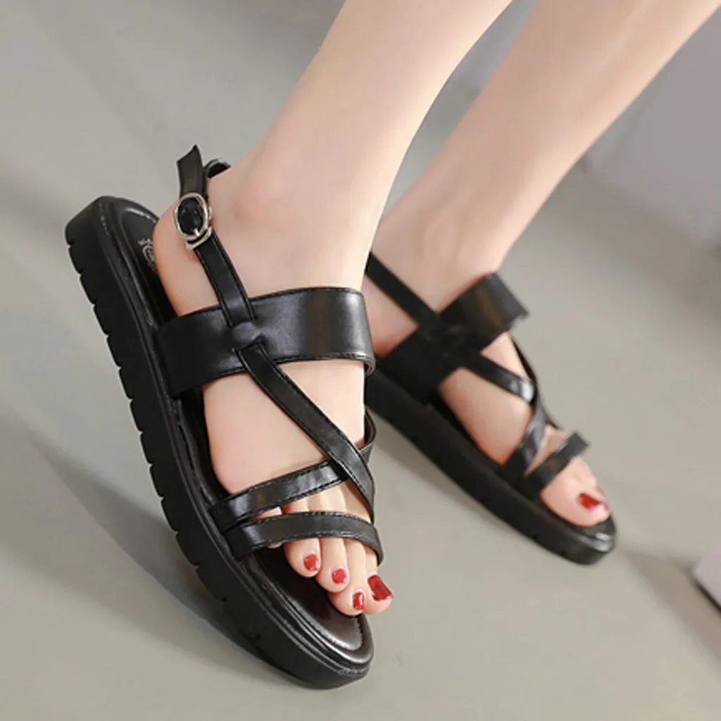 

Woman Shoes Sandals Beach Style Cross Straps Solid Color Buckle Low Level Heeled Dignified Sandals Women Summer Shoes