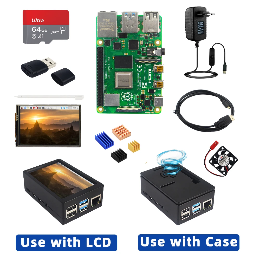 

Raspberry Pi 4 Model B + Case + Power Supply + 64GB TF Card+ Heatsink Optional 3.5 inch Touch Screen or Fan&Video Cable for PI 4