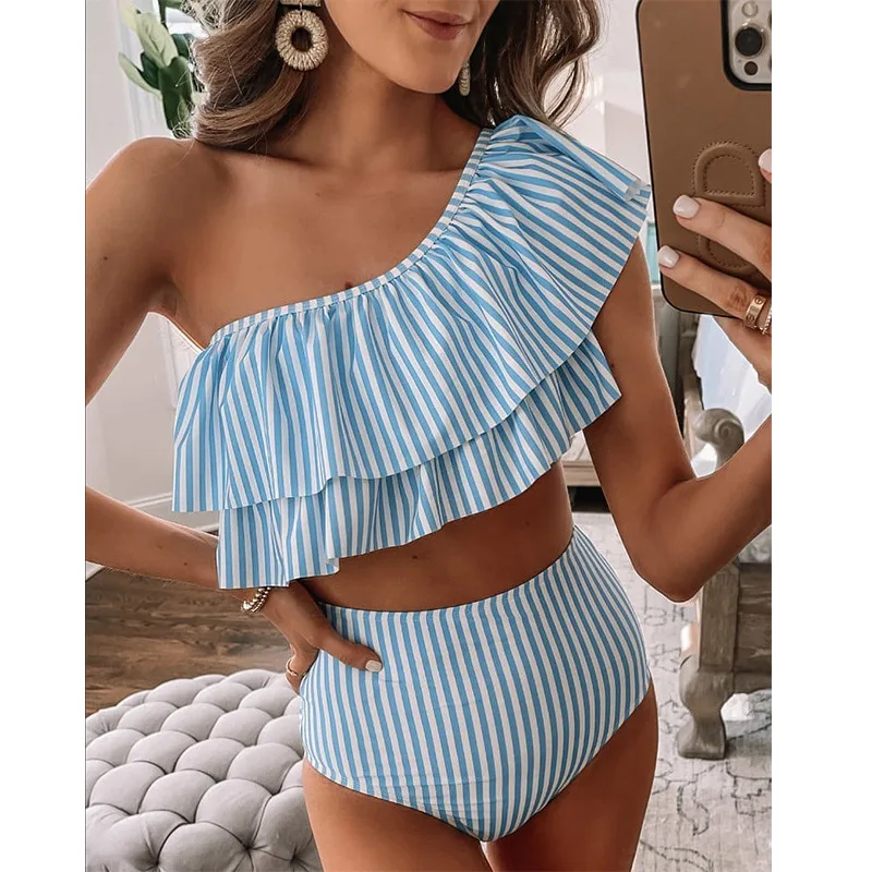 

High Waist Bikinis Mujer Sexy Striped Swimsuit Women One Shoulder Swimwear Female Push Up Sexy Bikini Beachwear for Bathing Suit