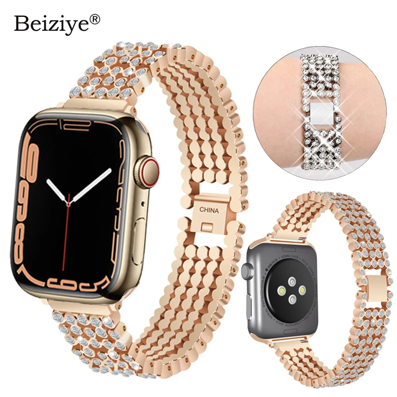 

Luxury Diamond Bling Strap For Apple Watch Series 7 45mm 41mm Stainless Steel Metal Bracelet For iWatch 5 6 SE 40/44mm 38mm 42mm
