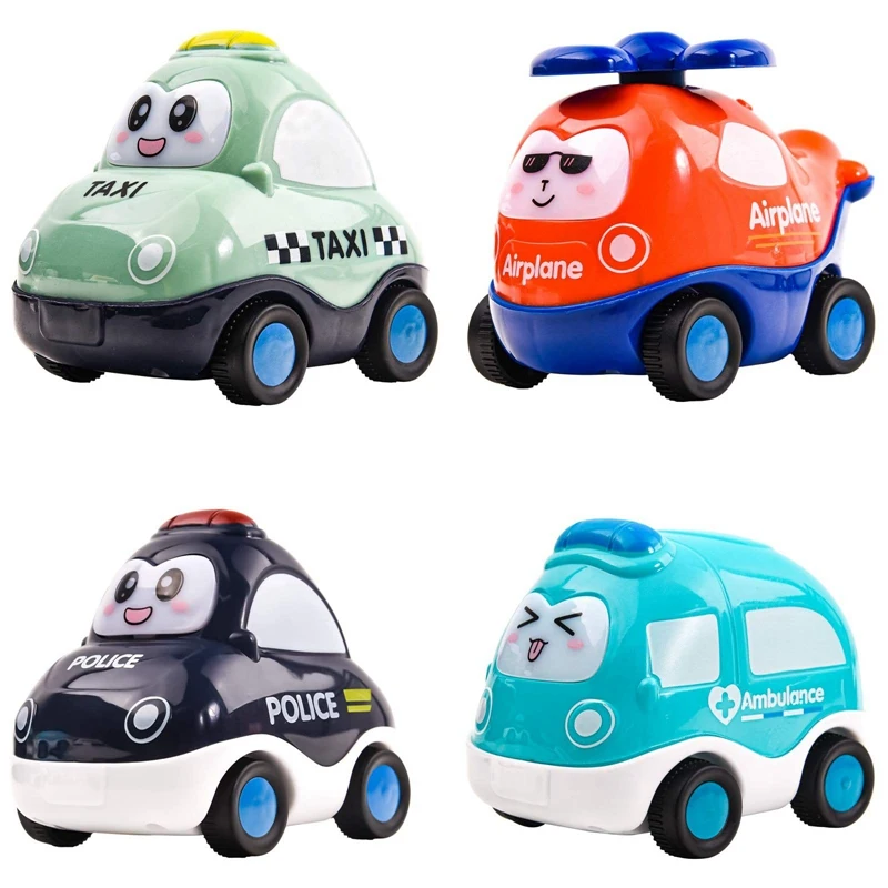 

4 Cartoon Toy Cars Trucks with Police Car Airplane Taxi Ambulance Pull Back Cars for 1 2 3 4 Years Old Boys and Girls