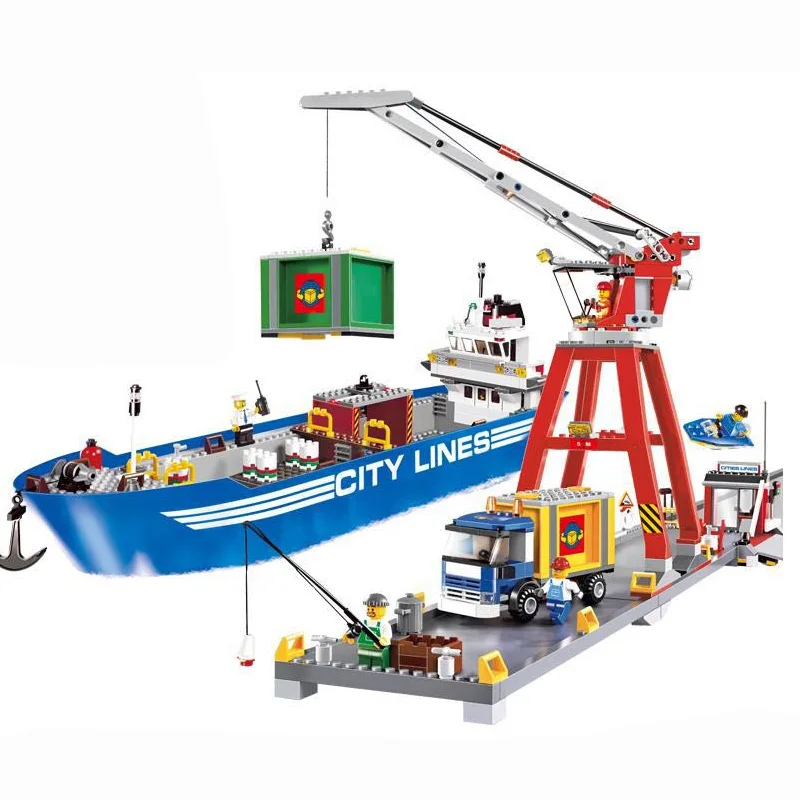 695pcs City Ultimate Harbour Port Lines Cargo Ship Working Crane 02034 Figure Building Blocks Toys Compatible With