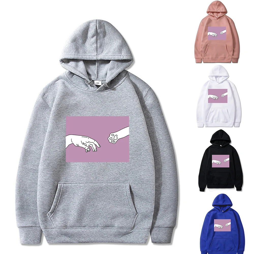 

Толстовки в стиле Харадзюку Y2k, повседневные свитшоты для мужчин и женщин, модная одежда с изображением Человека и кошки и надписью «Handshake», ...