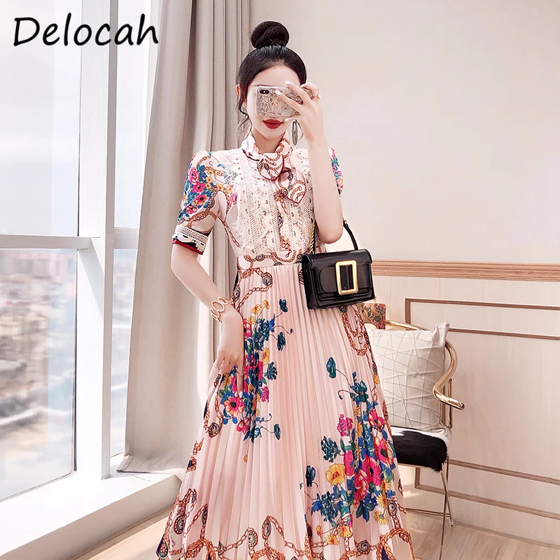 

Delocah Summer Women Fashion Designer Midi Dress Short Sleeve Gorgeous Lace Hollow Out Floral Print Ladies Party A-Line Dresses